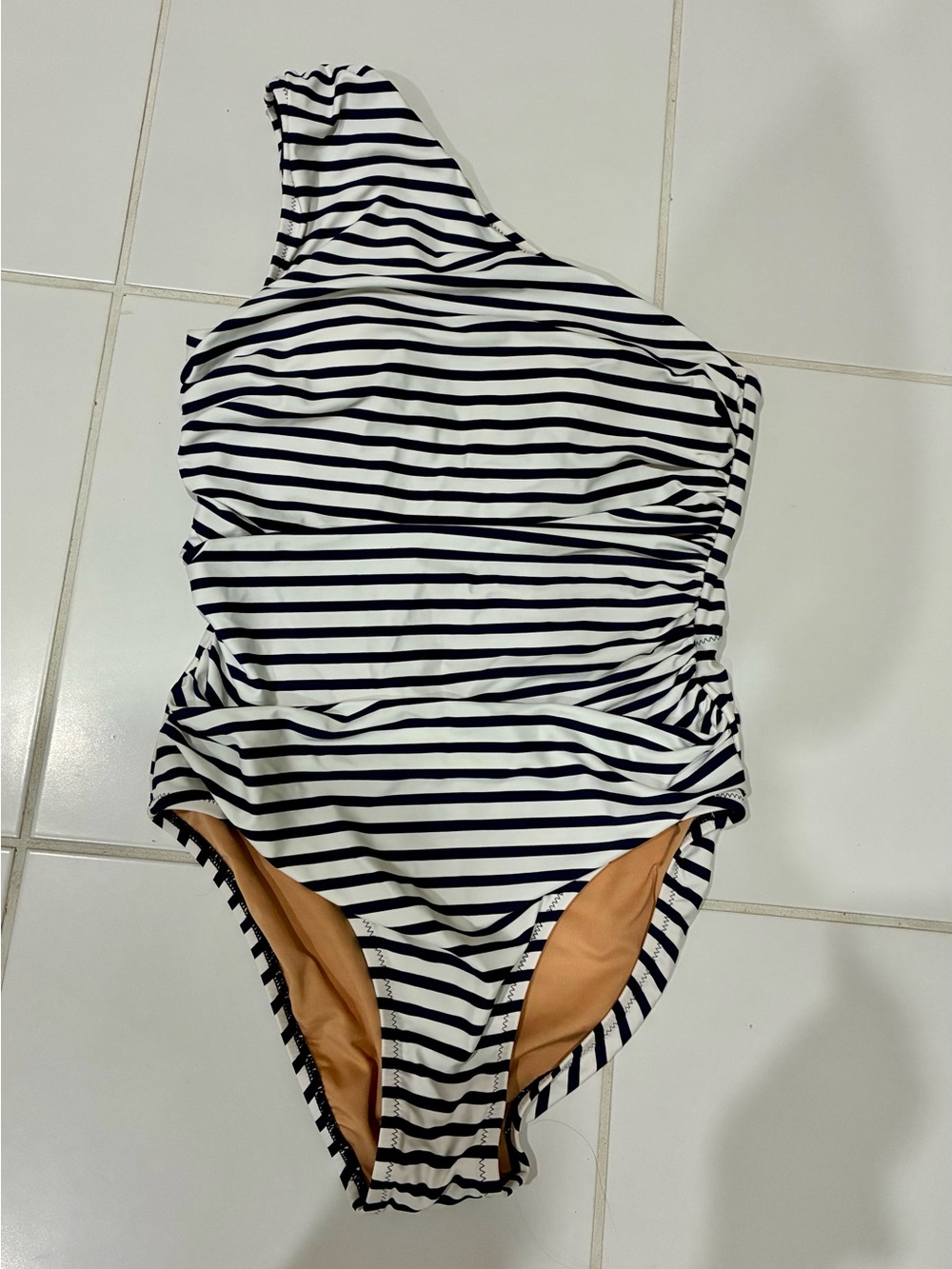 J. Crew Striped One-Shoulder One-Piece Swimsuit in Navy and White